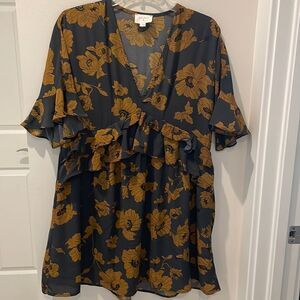 Everly Shift Frill Dress Floral print mustard yellow and gray size Small